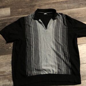 DKNY Black with Gray Striped V-Neck Knit Polo